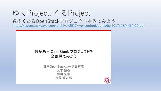 ゆくProject, くるProject
数多くあるOpenStackプロジェクトをみてみよう
https://openstackdays.com/archive/2017/wp-content/uploads/2017/08/4-B4-10.pdf
数多ある OpenStack プロジェクトを
全部見てみよう
日本OpenStackユーザ会有志
元木 顕弘
井川 征幸
水野 伸太郎
