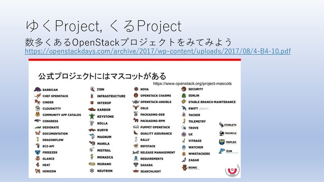 ゆくProject, くるProject
数多くあるOpenStackプロジェクトをみてみよう
https://openstackdays.com/archive/2017/wp-content/uploads/2017/08/4-B4-10.pdf
公式プロジェクトにはマスコットがある
https://www.openstack.org/project-mascots
