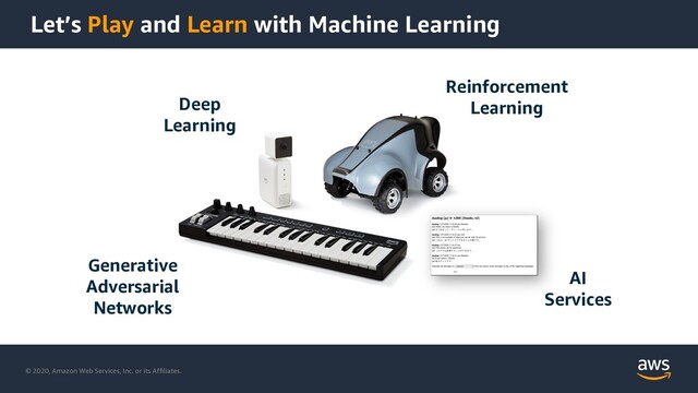 © 2020, Amazon Web Services, Inc. or its Affiliates.
Reinforcement
Learning
Deep
Learning
Generative
Adversarial
Networks
Let’s Play and Learn with Machine Learning
AI
Services
