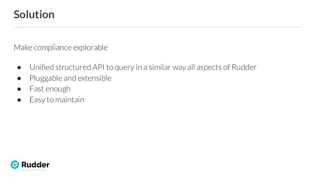 All rights reserved
Solution
Make compliance explorable
● Uniﬁed structured API to query in a similar way all aspects of Rudder
● Pluggable and extensible
● Fast enough
● Easy to maintain
