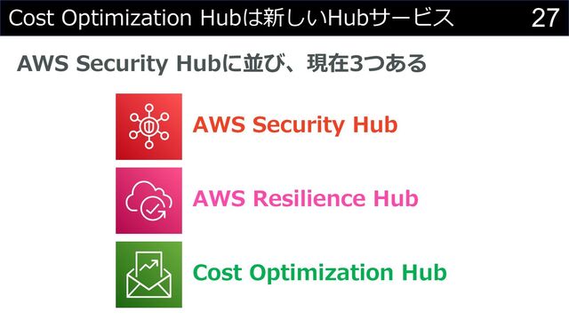 27
Cost Optimization Hubは新しいHubサービス
AWS Security Hubに並び、現在3つある
AWS Security Hub
AWS Resilience Hub
Cost Optimization Hub
