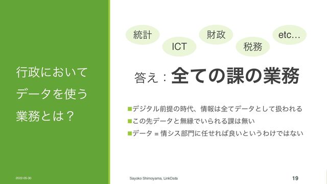 ߦ੓ʹ͓͍ͯ
σʔλΛ࢖͏
ۀ຿ͱ͸ʁ nσδλϧલఏͷ࣌୅ɺ৘ใ͸શͯσʔλͱͯ͠ѻΘΕΔ
n͜ͷઌσʔλͱແԑͰ͍ΒΕΔ՝͸ແ͍
nσʔλ = ৘γε෦໳ʹ೚ͤΕ͹ྑ͍ͱ͍͏Θ͚Ͱ͸ͳ͍
2022-05-30 Sayoko Shimoyama, LinkData 19
౴͑ɿશͯͷ՝ͷۀ຿
౷ܭ
ICT
ࡒ੓
੫຿
etc…
