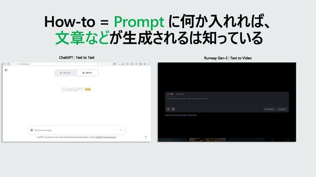 How-to = Prompt に何か入れれば、
文章などが生成されるは知っている
Runway Gen-2 : Text to Video
ChatGPT : Text to Text
