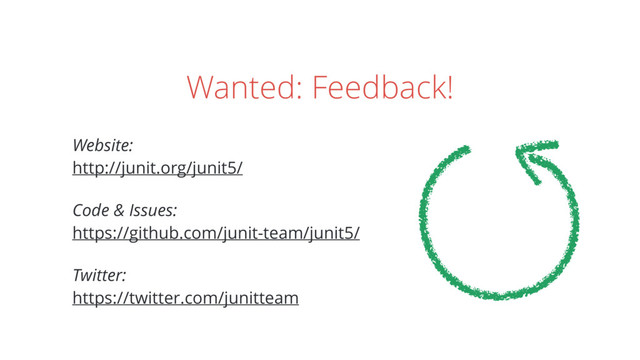 Wanted: Feedback!
Website: 
http://junit.org/junit5/
Code & Issues: 
https://github.com/junit-team/junit5/
Twitter: 
https://twitter.com/junitteam

