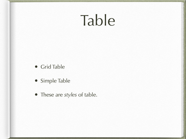 Table
• Grid Table
• Simple Table
• These are styles of table.

