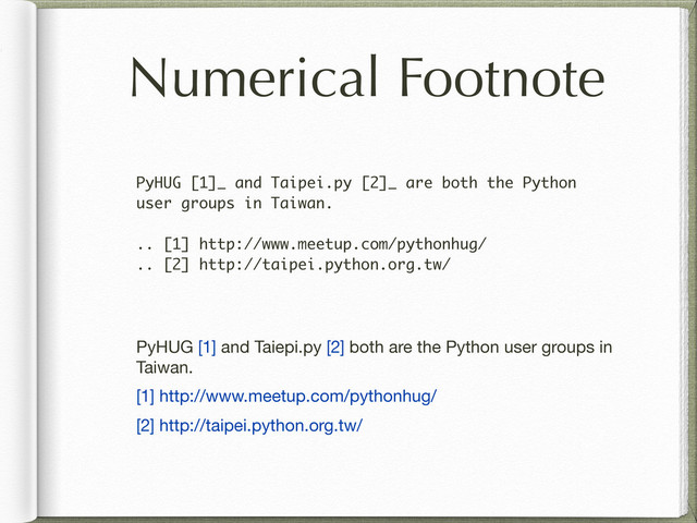 Numerical Footnote
PyHUG [1]_ and Taipei.py [2]_ are both the Python
user groups in Taiwan.
.. [1] http://www.meetup.com/pythonhug/
.. [2] http://taipei.python.org.tw/
PyHUG [1] and Taiepi.py [2] both are the Python user groups in
Taiwan.
[1] http://www.meetup.com/pythonhug/
[2] http://taipei.python.org.tw/
