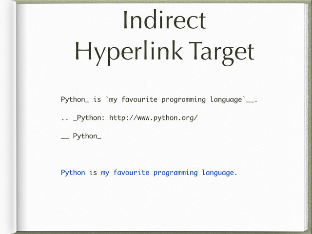 Indirect
Hyperlink Target
Python_ is `my favourite programming language`__.
.. _Python: http://www.python.org/
__ Python_
Python is my favourite programming language.
