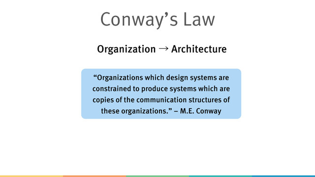 Conway’s Law
“Organizations which design systems are
constrained to produce systems which are
copies of the communication structures of
these organizations.” – M.E. Conway
Organization ˠ Architecture

