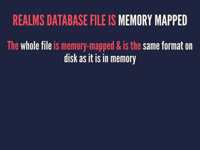 REALMS DATABASE FILE IS MEMORY MAPPED
The whole file is memory-mapped & is the same format on
disk as it is in memory
