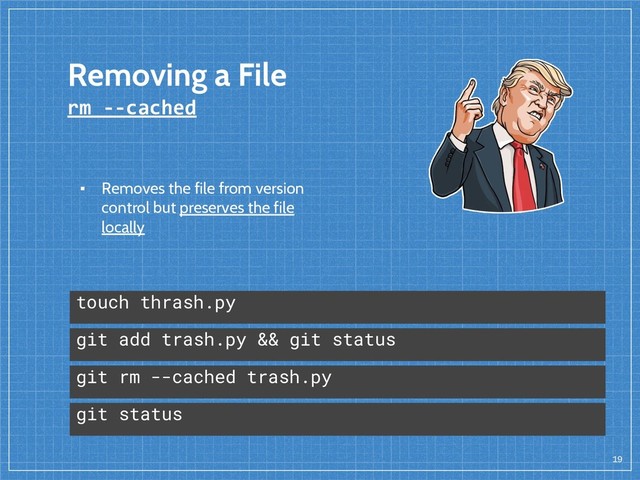 Removing a File
rm --cached
19
git rm --cached trash.py
git status
touch thrash.py
git add trash.py && git status
▪ Removes the file from version
control but preserves the file
locally
