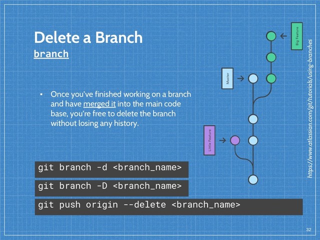 Delete a Branch
branch
32
git branch -d 
▪ Once you’ve finished working on a branch
and have merged it into the main code
base, you’re free to delete the branch
without losing any history.
git push origin --delete 
git branch -D 
https://www.atlassian.com/git/tutorials/using-branches
