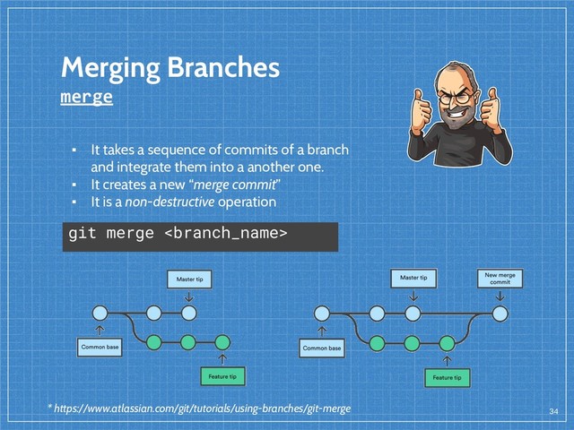 Merging Branches
merge
34
▪ It takes a sequence of commits of a branch
and integrate them into a another one.
▪ It creates a new “merge commit”
▪ It is a non-destructive operation
* https://www.atlassian.com/git/tutorials/using-branches/git-merge
git merge 
