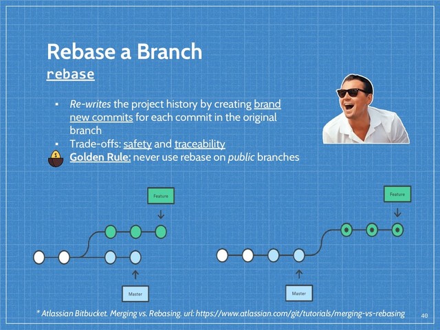 Rebase a Branch
rebase
40
▪ Re-writes the project history by creating brand
new commits for each commit in the original
branch
▪ Trade-offs: safety and traceability
▪ Golden Rule: never use rebase on public branches
* Atlassian Bitbucket. Merging vs. Rebasing. url: https://www.atlassian.com/git/tutorials/merging-vs-rebasing
