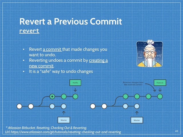 Revert a Previous Commit
revert
43
▪ Revert a commit that made changes you
want to undo.
▪ Reverting undoes a commit by creating a
new commit.
▪ It is a “safe” way to undo changes
* Atlassian Bitbucket. Resetting, Checking Out & Reverting.
Url: https://www.atlassian.com/git/tutorials/resetting-checking-out-and-reverting
