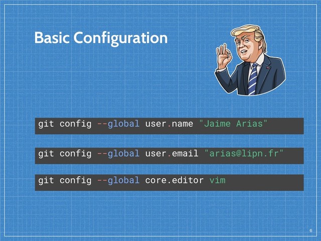 Basic Configuration
6
git config --global user.name "Jaime Arias"
git config --global user.email "arias@lipn.fr"
git config --global core.editor vim
