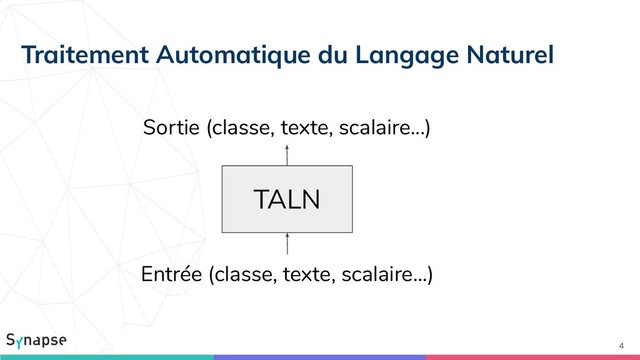 Traitement Automatique du Langage Naturel
4
TALN
Sortie (classe, texte, scalaire...)
Entrée (classe, texte, scalaire...)
