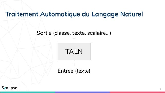5
TALN
Sortie (classe, texte, scalaire...)
Entrée (texte)
Traitement Automatique du Langage Naturel
