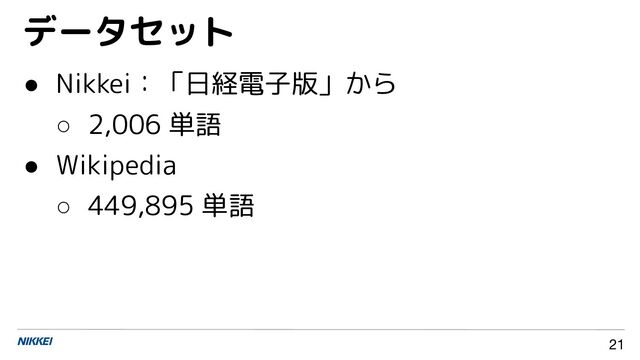 データセット
21
● Nikkei：「日経電子版」から
○ 2,006 単語
● Wikipedia
○ 449,895 単語
