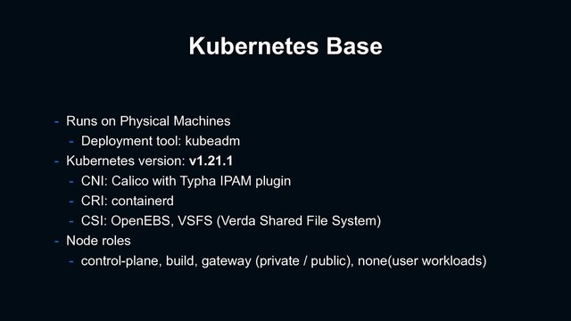 Kubernetes Base
- Runs on Physical Machines
- Deployment tool: kubeadm
- Kubernetes version: v1.21.1
- CNI: Calico with Typha IPAM plugin
- CRI: containerd
- CSI: OpenEBS, VSFS (Verda Shared File System)
- Node roles
- control-plane, build, gateway (private / public), none(user workloads)
