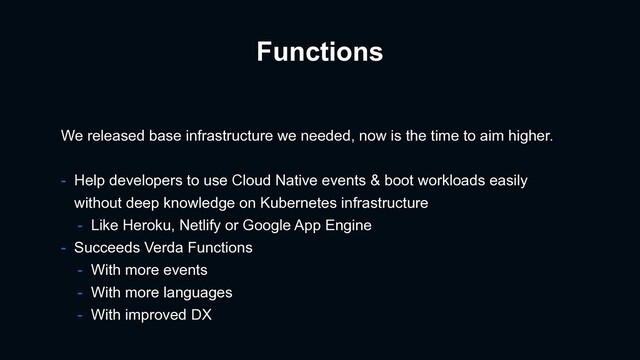 Functions
We released base infrastructure we needed, now is the time to aim higher.
- Help developers to use Cloud Native events & boot workloads easily
without deep knowledge on Kubernetes infrastructure
- Like Heroku, Netlify or Google App Engine
- Succeeds Verda Functions
- With more events
- With more languages
- With improved DX
