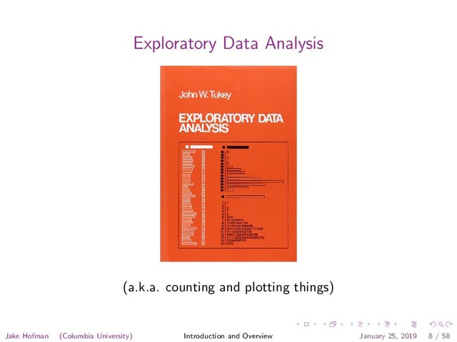 Exploratory Data Analysis
(a.k.a. counting and plotting things)
Jake Hofman (Columbia University) Introduction and Overview January 25, 2019 8 / 58
