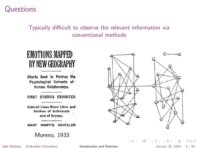 Questions
Typically diﬃcult to observe the relevant information via
conventional methods
Moreno, 1933
Jake Hofman (Columbia University) Introduction and Overview January 25, 2019 4 / 58
