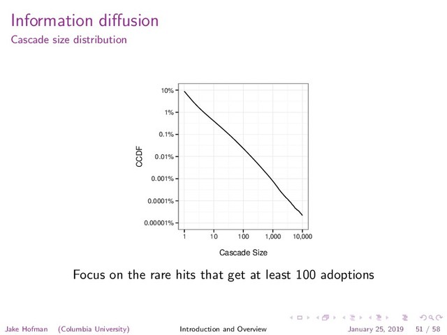 Information diﬀusion
Cascade size distribution
0.00001%
0.0001%
0.001%
0.01%
0.1%
1%
10%
1 10 100 1,000 10,000
Cascade Size
CCDF
Focus on the rare hits that get at least 100 adoptions
Jake Hofman (Columbia University) Introduction and Overview January 25, 2019 51 / 58
