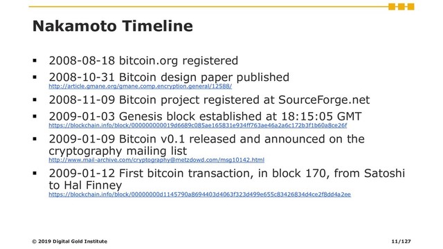 Nakamoto Timeline
▪ 2008-08-18 bitcoin.org registered
▪ 2008-10-31 Bitcoin design paper published
http://article.gmane.org/gmane.comp.encryption.general/12588/
▪ 2008-11-09 Bitcoin project registered at SourceForge.net
▪ 2009-01-03 Genesis block established at 18:15:05 GMT
https://blockchain.info/block/000000000019d6689c085ae165831e934ff763ae46a2a6c172b3f1b60a8ce26f
▪ 2009-01-09 Bitcoin v0.1 released and announced on the
cryptography mailing list
http://www.mail-archive.com/cryptography@metzdowd.com/msg10142.html
▪ 2009-01-12 First bitcoin transaction, in block 170, from Satoshi
to Hal Finney
https://blockchain.info/block/00000000d1145790a8694403d4063f323d499e655c83426834d4ce2f8dd4a2ee
© 2019 Digital Gold Institute 11/127
