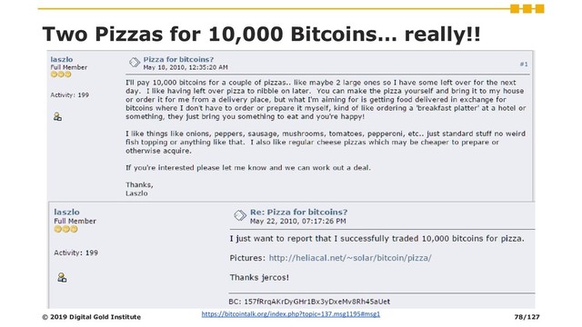 Two Pizzas for 10,000 Bitcoins… really!!
https://bitcointalk.org/index.php?topic=137.msg1195#msg1
© 2019 Digital Gold Institute 78/127
