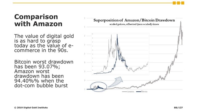 Comparison
with Amazon
The value of digital gold
is as hard to grasp
today as the value of e-
commerce in the 90s.
Bitcoin worst drawdown
has been 93.07%;
Amazon worst
drawdown has been
94.40%% when the
dot-com bubble burst
© 2019 Digital Gold Institute 88/127
