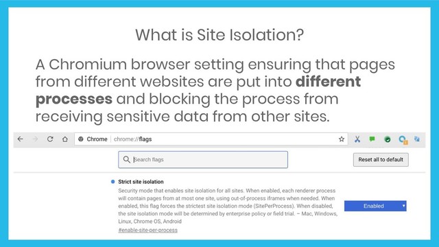 What is Site Isolation?
A Chromium browser setting ensuring that pages
from different websites are put into different
processes and blocking the process from
receiving sensitive data from other sites.
