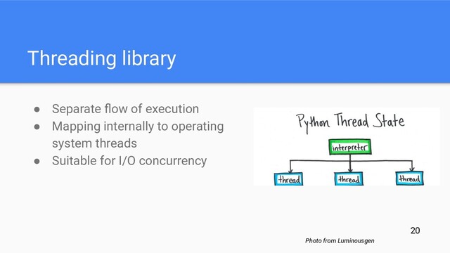 Threading library
● Separate ﬂow of execution
● Mapping internally to operating
system threads
● Suitable for I/O concurrency
Photo from Luminousgen
20

