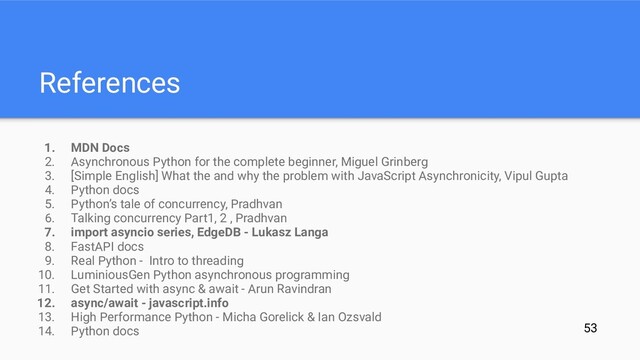 References
1. MDN Docs
2. Asynchronous Python for the complete beginner, Miguel Grinberg
3. [Simple English] What the and why the problem with JavaScript Asynchronicity, Vipul Gupta
4. Python docs
5. Python’s tale of concurrency, Pradhvan
6. Talking concurrency Part1, 2 , Pradhvan
7. import asyncio series, EdgeDB - Lukasz Langa
8. FastAPI docs
9. Real Python - Intro to threading
10. LuminiousGen Python asynchronous programming
11. Get Started with async & await - Arun Ravindran
12. async/await - javascript.info
13. High Performance Python - Micha Gorelick & Ian Ozsvald
14. Python docs 53
