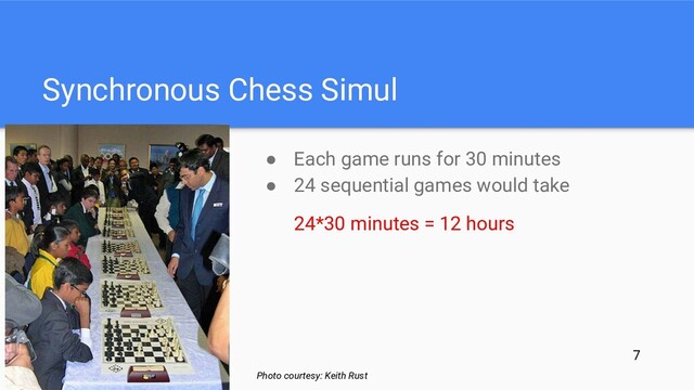 ● Each game runs for 30 minutes
● 24 sequential games would take
24*30 minutes = 12 hours
Synchronous Chess Simul
Photo courtesy: Keith Rust
7
