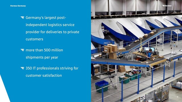 Germany's largest post-
independent logistics service
provider for deliveries to private
customers
more than 500 million
shipments per year
350 IT professionals striving for
customer satisfaction
Hermes Germany
4
