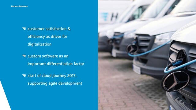 customer satisfaction &
efficiency as driver for
digitalization
custom software as an
important differentiation factor
start of cloud journey 2017,
supporting agile development
Hermes Germany
5

