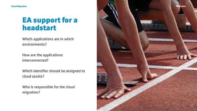 EA support for a
headstart
Which applications are in which
environments?
How are the applications
interconnected?
Which identifier should be assigned to
cloud assets?
Who is responsible for the cloud
migration?
Cloud Migration
12
