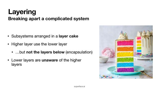 Layering
Breaking apart a complicated system
• Subsystems arranged in a layer cake

• Higher layer use the lower layer

• …but not the layers below (encapsulation)

• Lower layers are unaware of the higher
layers
superface.ai
