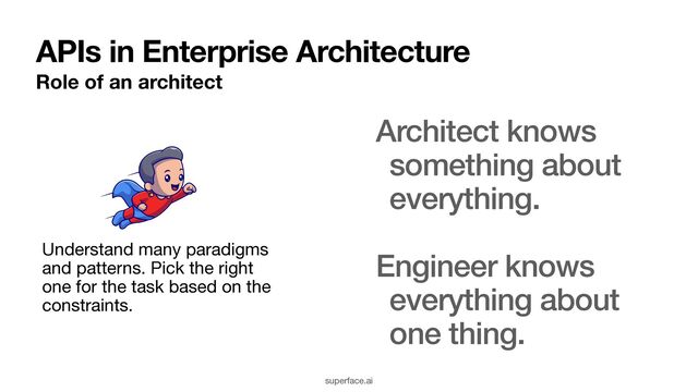 APIs in Enterprise Architecture
Role of an architect
Architect knows
something about
everything.


Engineer knows
everything about
one thing.
Understand many paradigms
and patterns. Pick the right
one for the task based on the
constraints.
superface.ai
