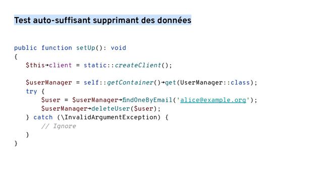 Test auto-suffisant supprimant des données
public function setUp(): void
{
$this→client = static::createClient();
$userManager = self::getContainer()→get(UserManager::class);
try {
$user = $userManager→ﬁndOneByEmail('alice@example.org');
$userManager→deleteUser($user);
} catch (\InvalidArgumentException) {
// Ignore
}
}
