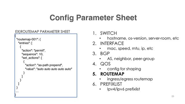 Config Parameter Sheet
1. SWITCH
• hostname, os-version, server-room, etc
2. INTERFACE
• mac, speed, mtu, ip, etc
3. BGP
• AS, neighbor, peer-group
4. QOS
• config for shaping
5. ROUTEMAP
• ingress/egress routemap
6. PREFIXLIST
• Ipv4/ipv6 prefixlist
{
"routemap-001": {
"entries": [
{
"action": "permit",
"sequence": 10,
"set_actions": [
{
"action": "as-path prepend",
"value": "auto auto auto auto auto"
}
]
}
]
}
…
}
EX)ROUTEMAP PARAMETER SHEET
23
