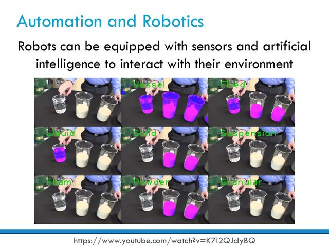 Automation and Robotics
Robots can be equipped with sensors and artificial
intelligence to interact with their environment
https://www.youtube.com/watch?v=K7I2QJcIyBQ
