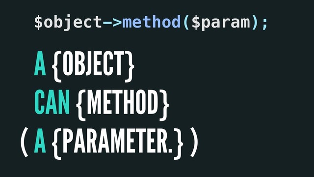 A
CAN
A
{OBJECT}
{METHOD}
{PARAMETER.}
( )
$object->method($param);
