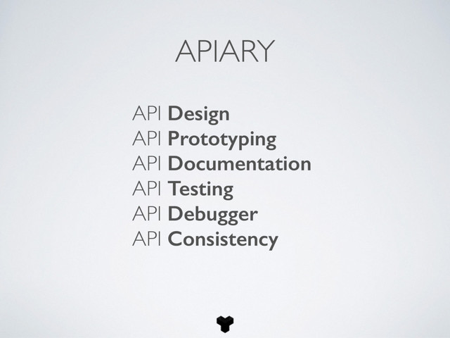 APIARY
API Design
API Prototyping
API Documentation
API Testing
API Debugger
API Consistency
