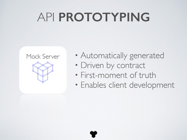 API PROTOTYPING
• Automatically generated
• Driven by contract
• First-moment of truth
• Enables client development
Mock Server

