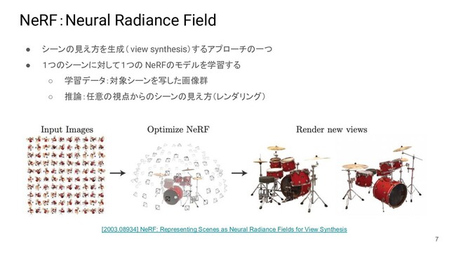 NeRF：Neural Radiance Field
● シーンの見え方を生成（ view synthesis）するアプローチの一つ
● １つのシーンに対して１つの NeRFのモデルを学習する
○ 学習データ：対象シーンを写した画像群
○ 推論：任意の視点からのシーンの見え方（レンダリング）
7
[2003.08934] NeRF: Representing Scenes as Neural Radiance Fields for View Synthesis
