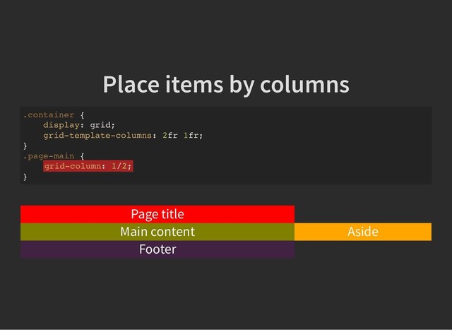 Place items by columns
Place items by columns
.container {
display: grid;
grid-template-columns: 2fr 1fr;
}
.page-main {
grid-column: 1/2;
}
Page title
Main content Aside
Footer
