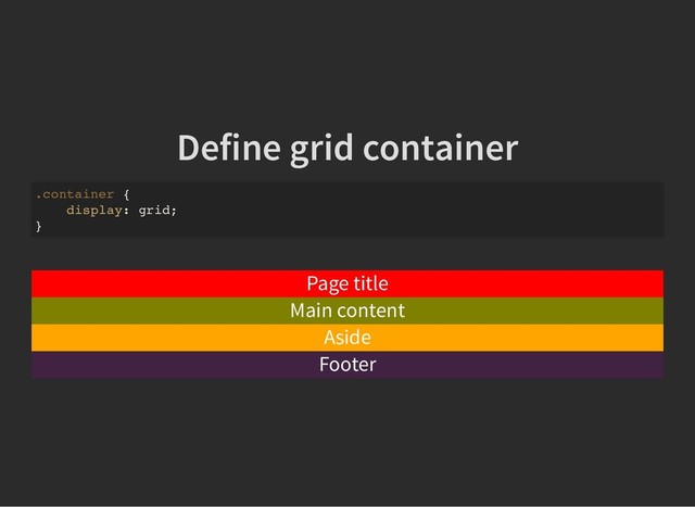 Define grid container
Define grid container
.container {
display: grid;
}
Page title
Main content
Aside
Footer
