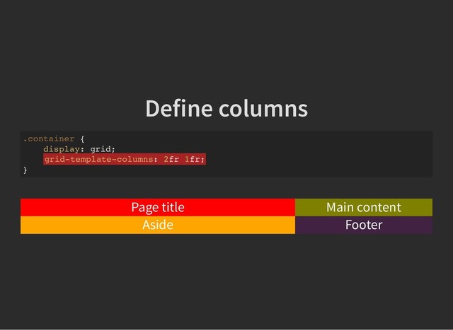 Define columns
Define columns
.container {
display: grid;
grid-template-columns: 2fr 1fr;
}
Page title Main content
Aside Footer

