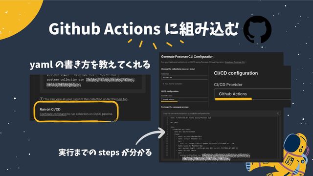 Github Actions に組み込む
yaml の書き方を教えてくれる
実行までの steps が分かる
